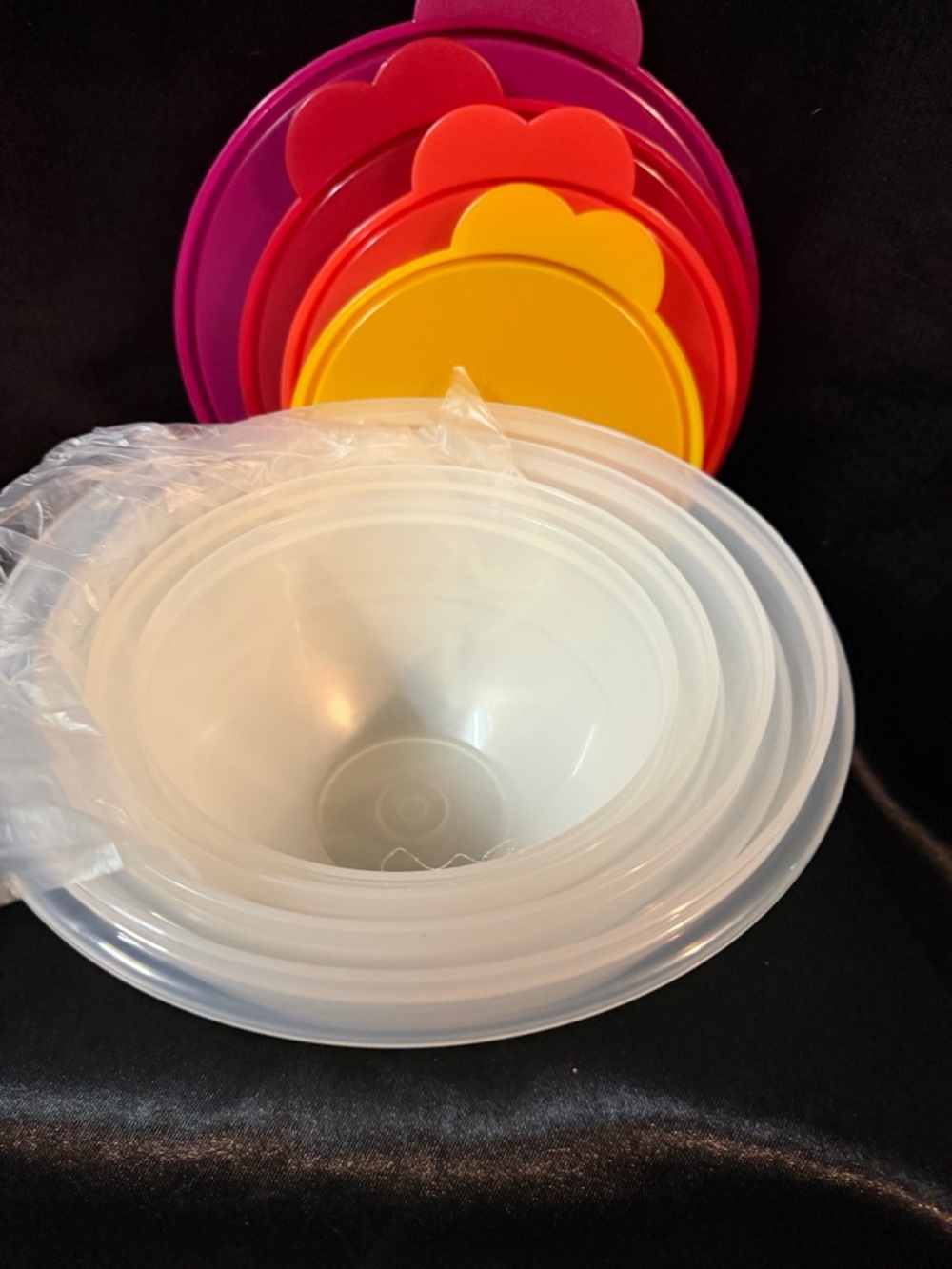 Tupperware Nesting Bowls with Colorful Flower Lids - Pink, Red, Yellow, White